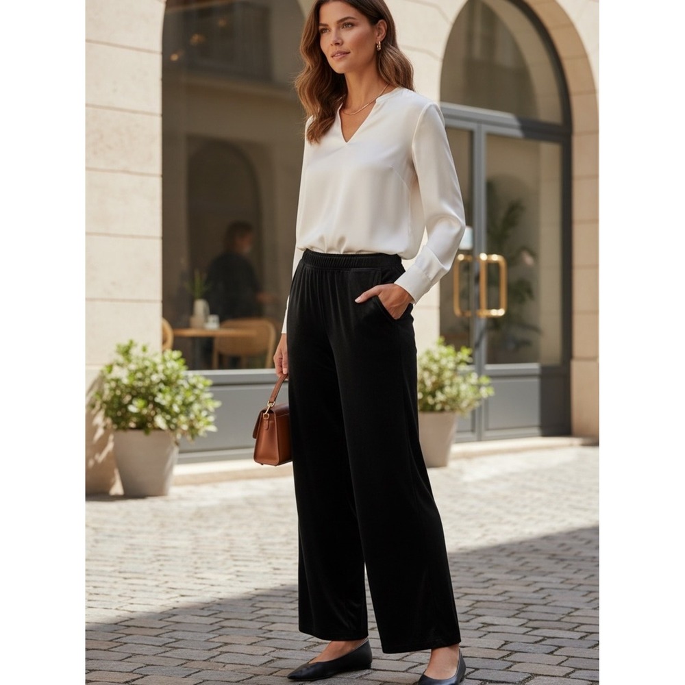 Lisa Bayne Black Velvet Wide Leg Pants Women's Large Pull On